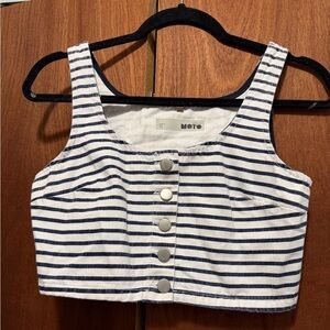 Top Shop Striped White Denim Button-Front Crop Top